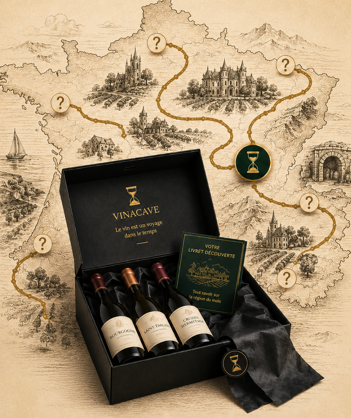 Coffret Vinacave devant une carte des régions viticoles françaises