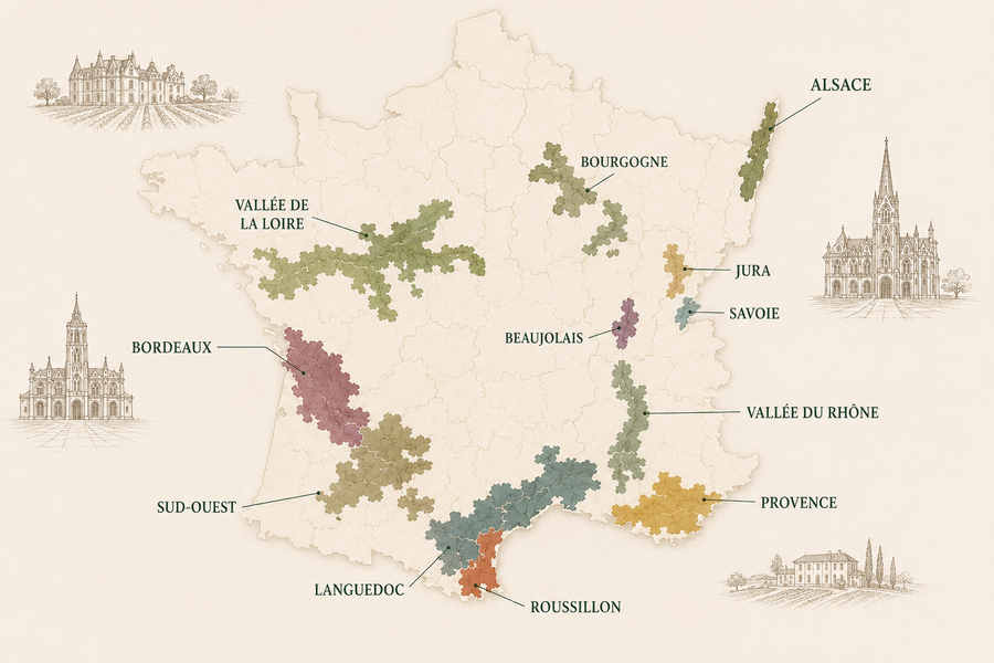 Carte des régions viticoles françaises